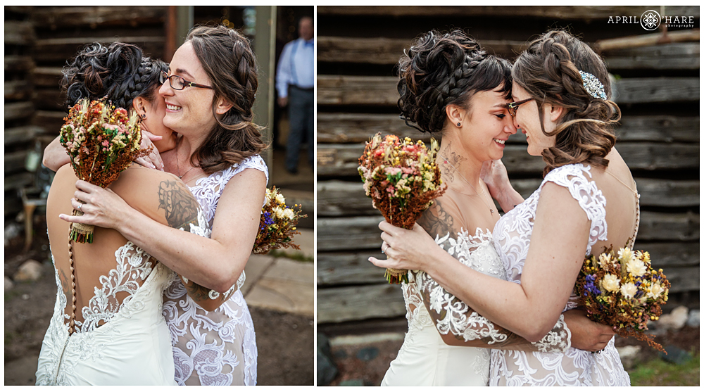 Sweet moment during first look at a lesbian wedding in Colorado