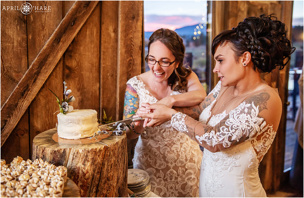 Cake smash at a rustic fall wedding inside The Barn at Evergreen Memorial Park