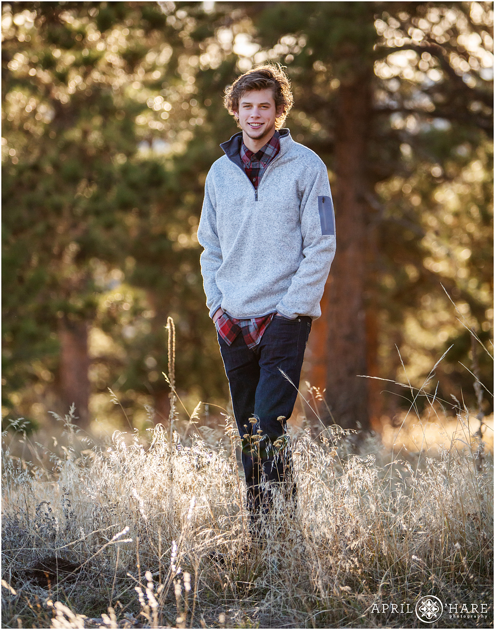 Beautiful forest high school senior yearbook photo in Colorado