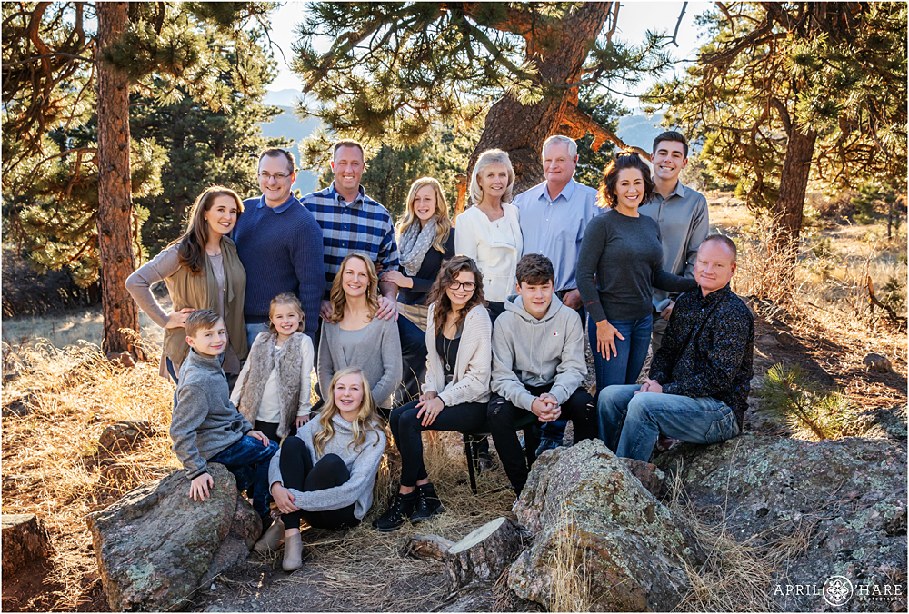 Extended family portrait in the forest at Mount Falcon in Evergreen CO