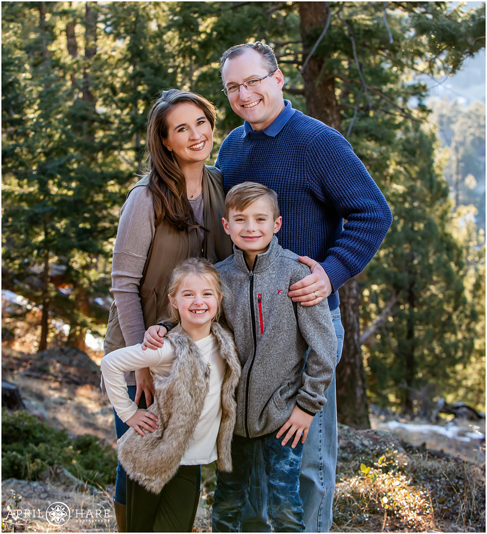 Cute family photo in the forest at Mount Falcon West Trailhead in Colorado