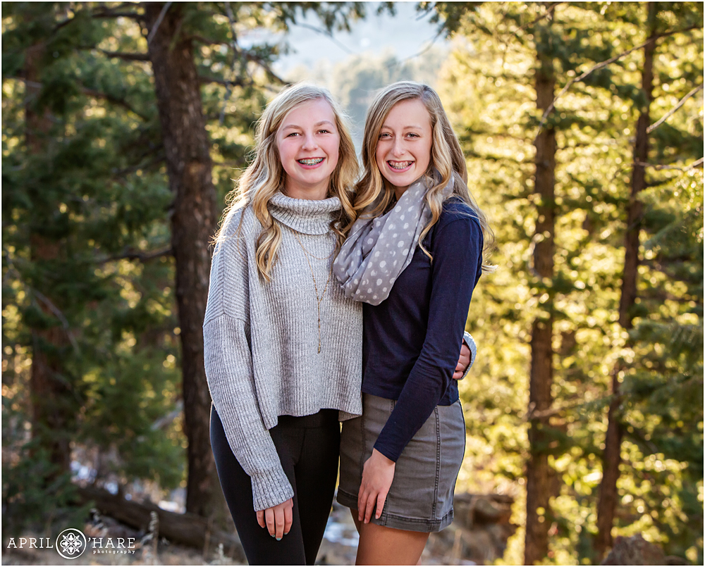 Sisters Portrait during winter at Mount Falcon in Colorado Mountains