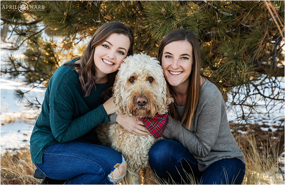Cute Goldendoogle Dog with two sisters during Colorado winter holiday session in the snow
