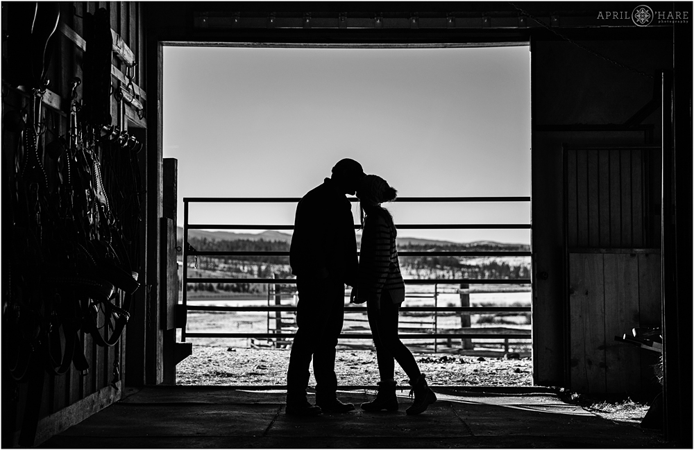 Beautiful B&W Silhouette photo of a couple at Cabin Creek Stables in CO