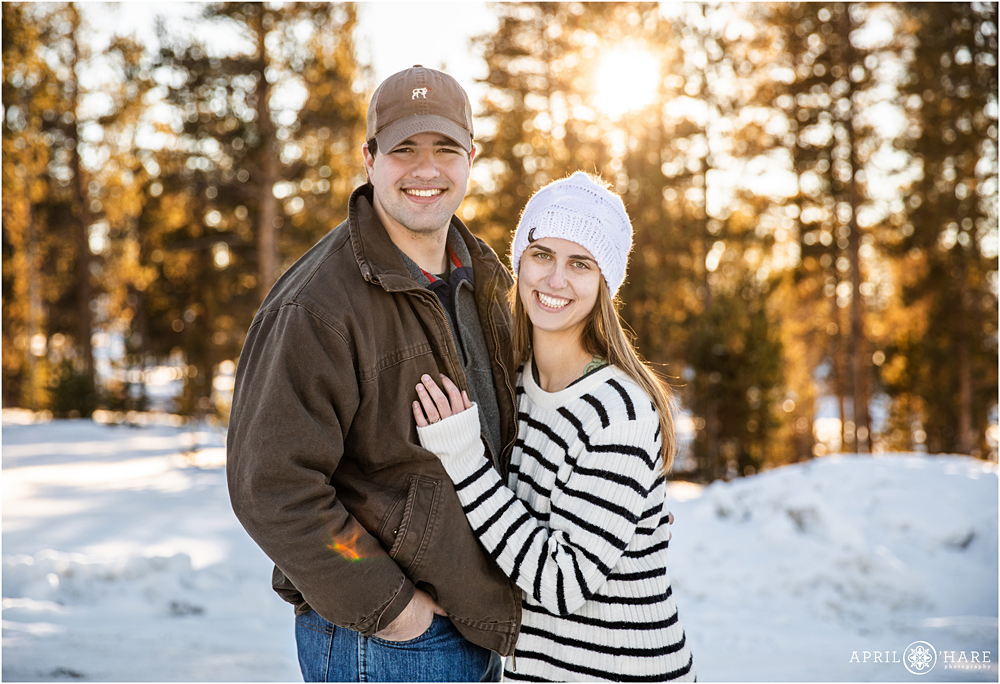 Devil's Thumb Ranch Proposal during winter with engagement photos after