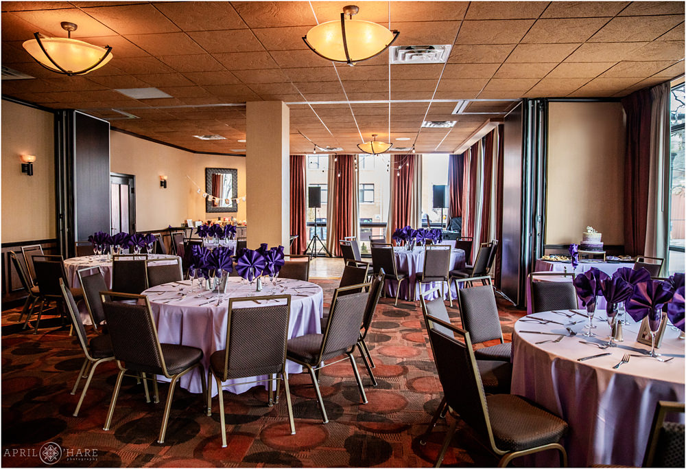 Golden Vista Room set up for purple colored wedding in Colorado