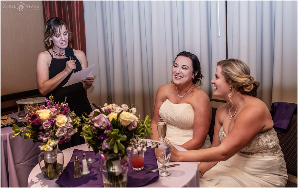 Sister of the bride says a speech Golden Hotel Wedding in Colorado