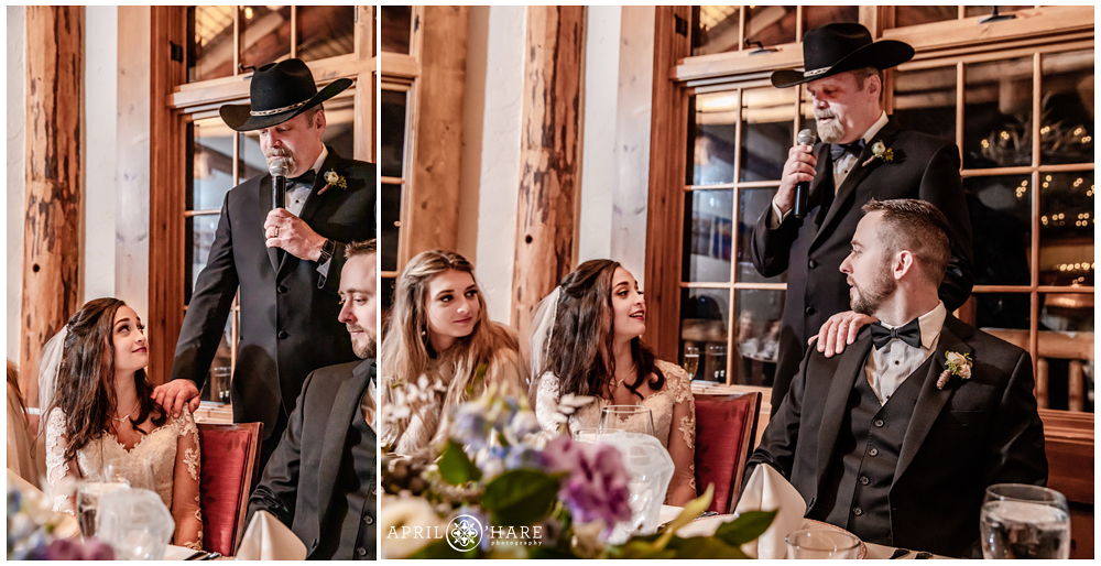 Father of the bride gives a speech at her winter wedding at Alpenglow Stube Keystone Resort in CO