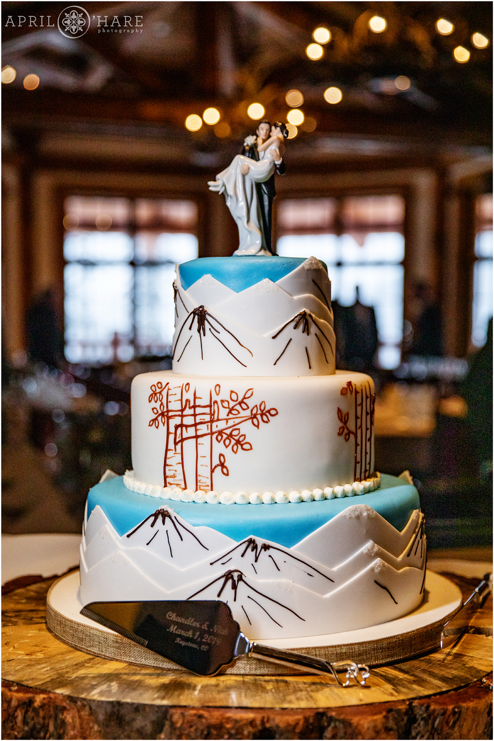 Three tiered wedding cake at Alpenglow Stube Keystone Resort in CO