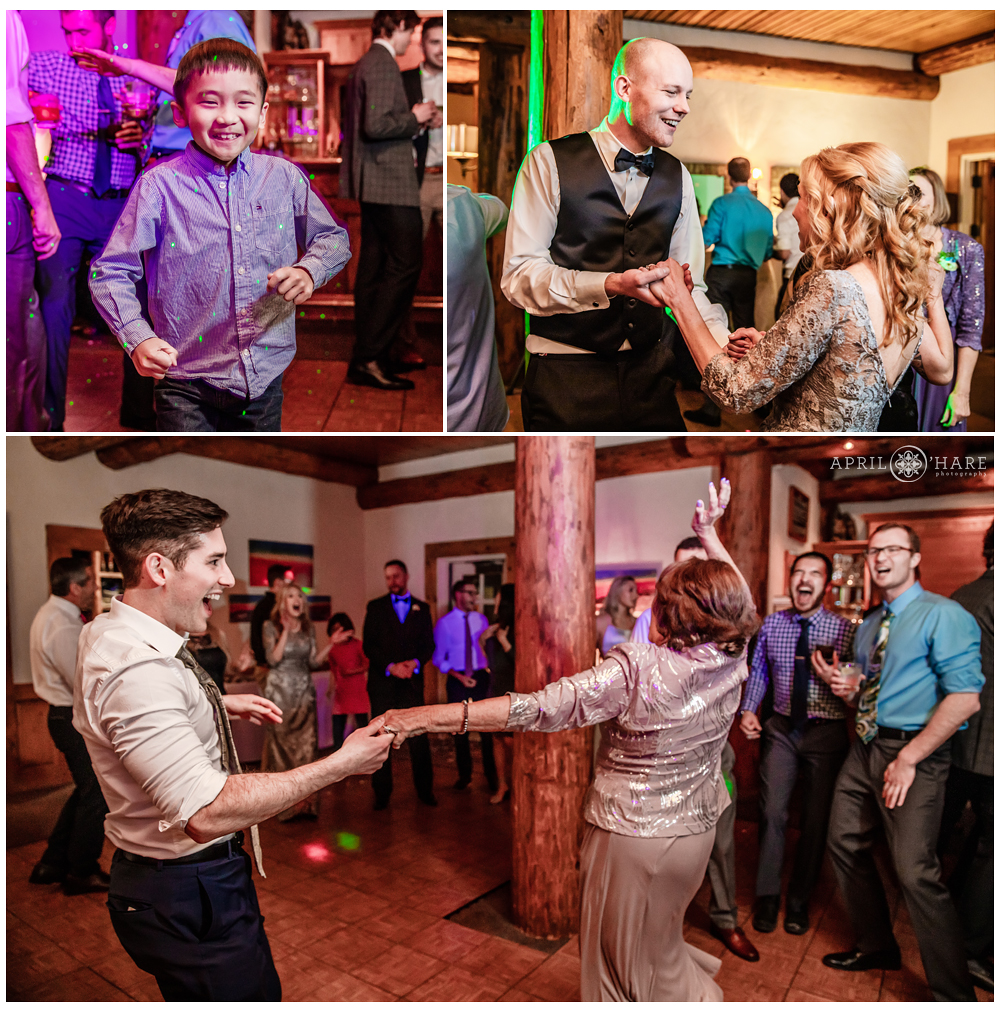 Dancing photo collage from destination wedding reception at Alpenglow Stube Winter wedding Keystone CO