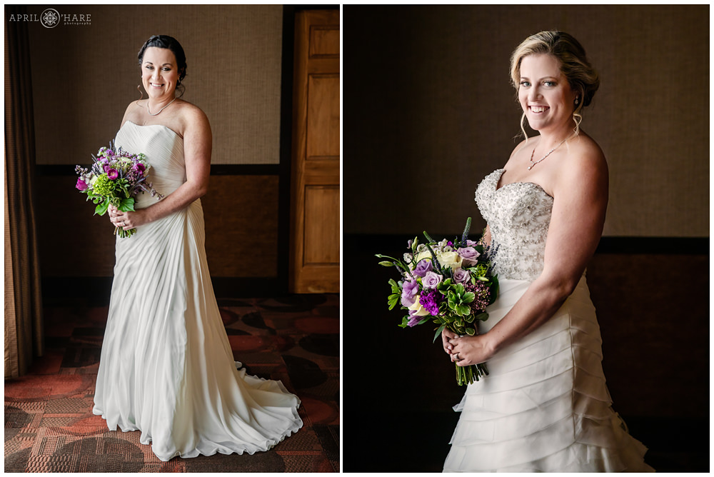Two beautiful brides pose for portraits at the Golden Hotel in Colorado
