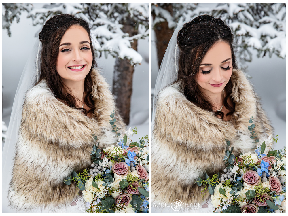 Detail photo of a brunette bride's long eyelashes on her snowy winter wedding day at Keystone Resort in Colorado