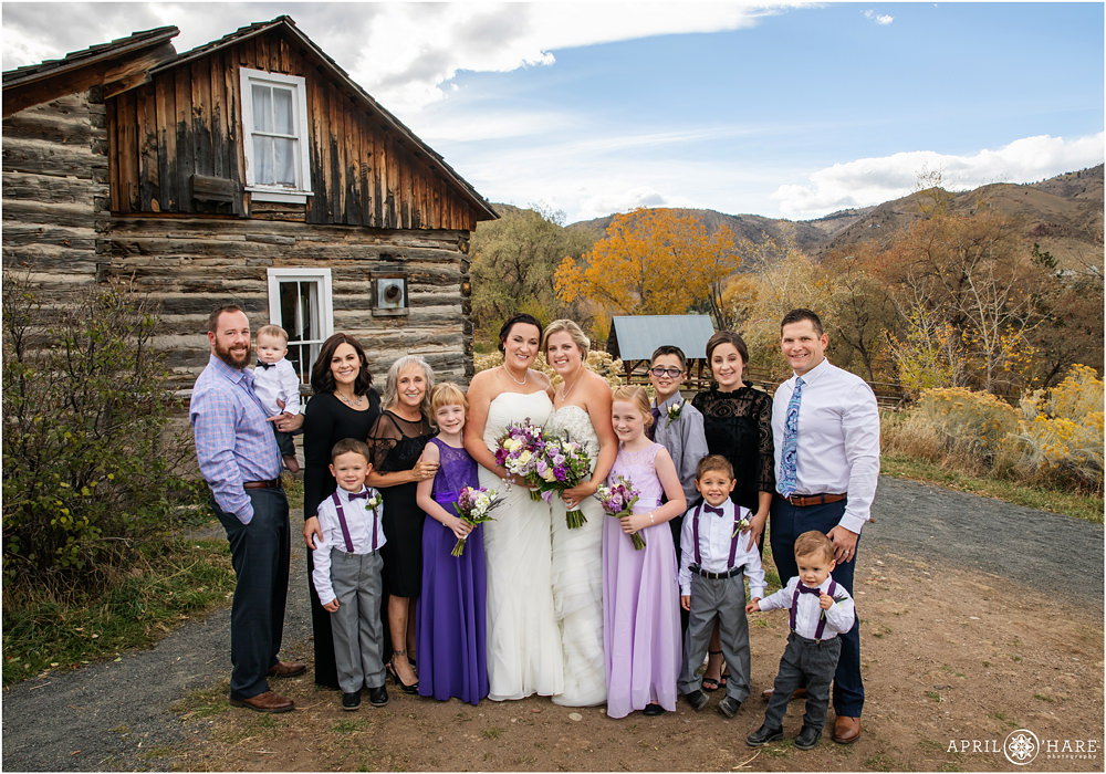A pretty family photo on a fall wedding day at Clear Creek History Park in Golden CO