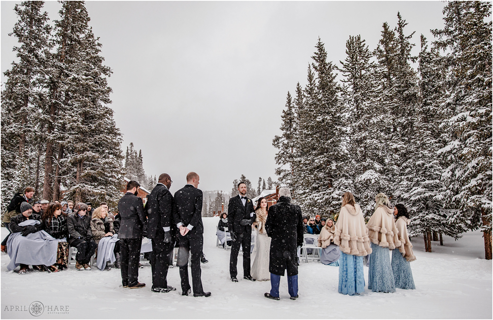 Outdoor wedding ceremony space at Anticipation run during winter wedding at Keystone Resort