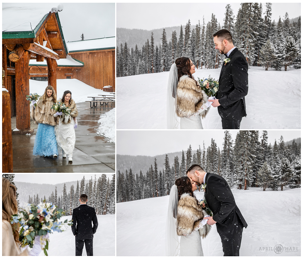 Winter wedding day first look photo collage at Keystone Resort in Colorado