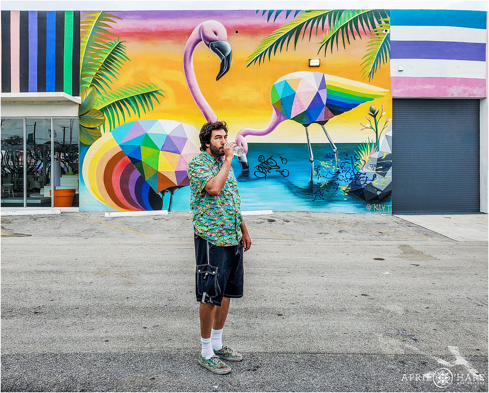Dude wearing a flamingo shirt poses with Flamingo Street art in Wynwood Miami