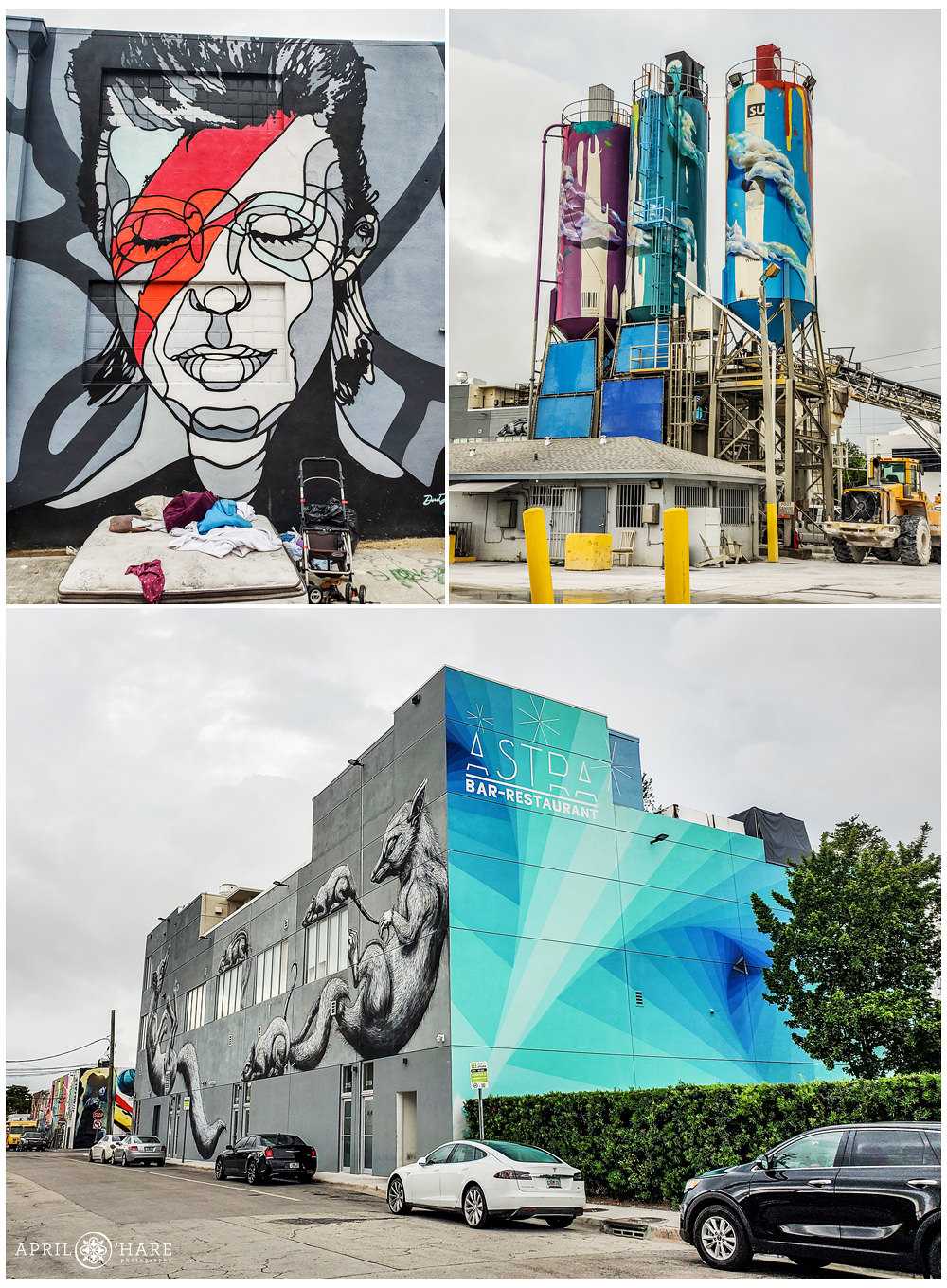 David Flores Art David Bowie Mural in Wynwood photo collage with other Miami Street Art