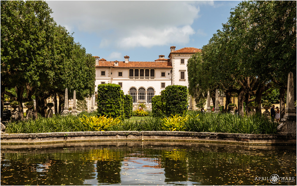 View of the main house from the gardens at Vizcaya Museum and Gardens in Miami Florida