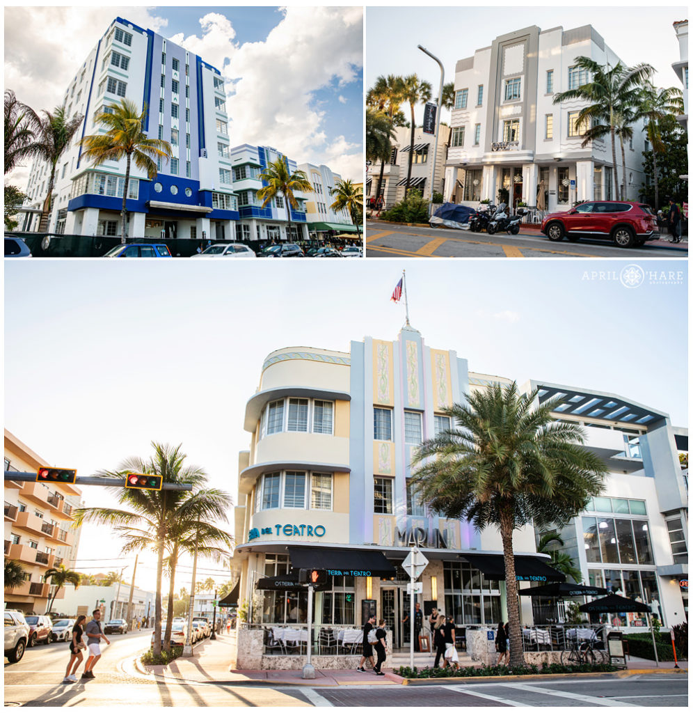 Photo collage of various cool art deco buildings in the South Beach Miami area