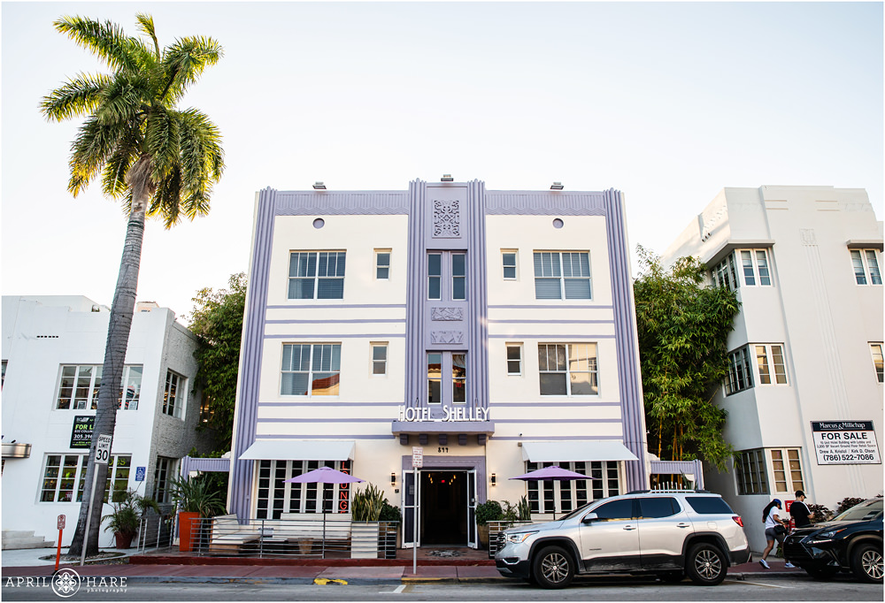 The Hotel Shelley a pretty lavender and white art deco hotel in South Beach Miami