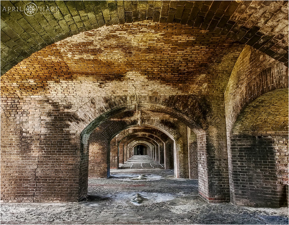View of the brick passageways inside Fort Jefferson at Dry Tortugas National Park in Florida