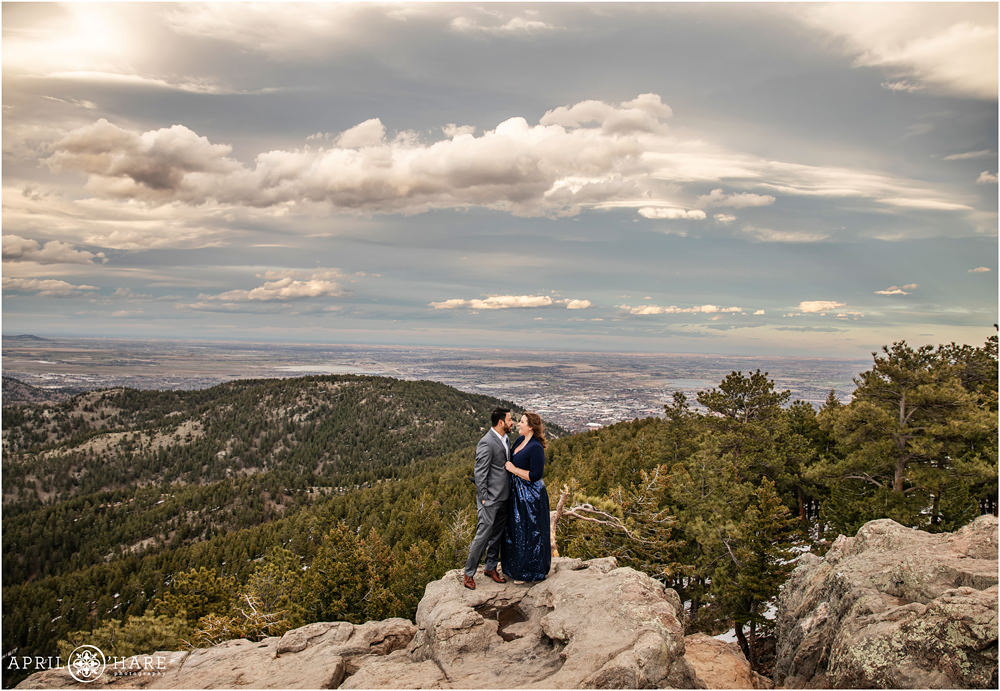 Dramatic Anniversary photography overlooking Boulder at Lost Gulch Overlook