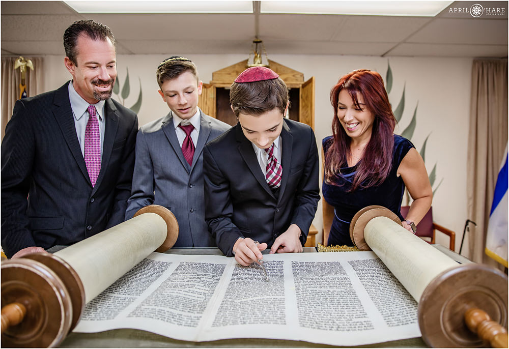 Lakewood Colorado Bar Mitzvah Photographer captures family with Torah at B'Nai Chaim