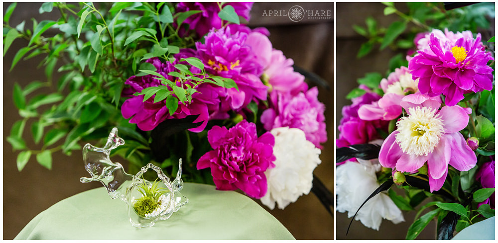 Peony bouquets and air plants decorate a bat mitzah at Congregation B'Nai Chaim in Denver