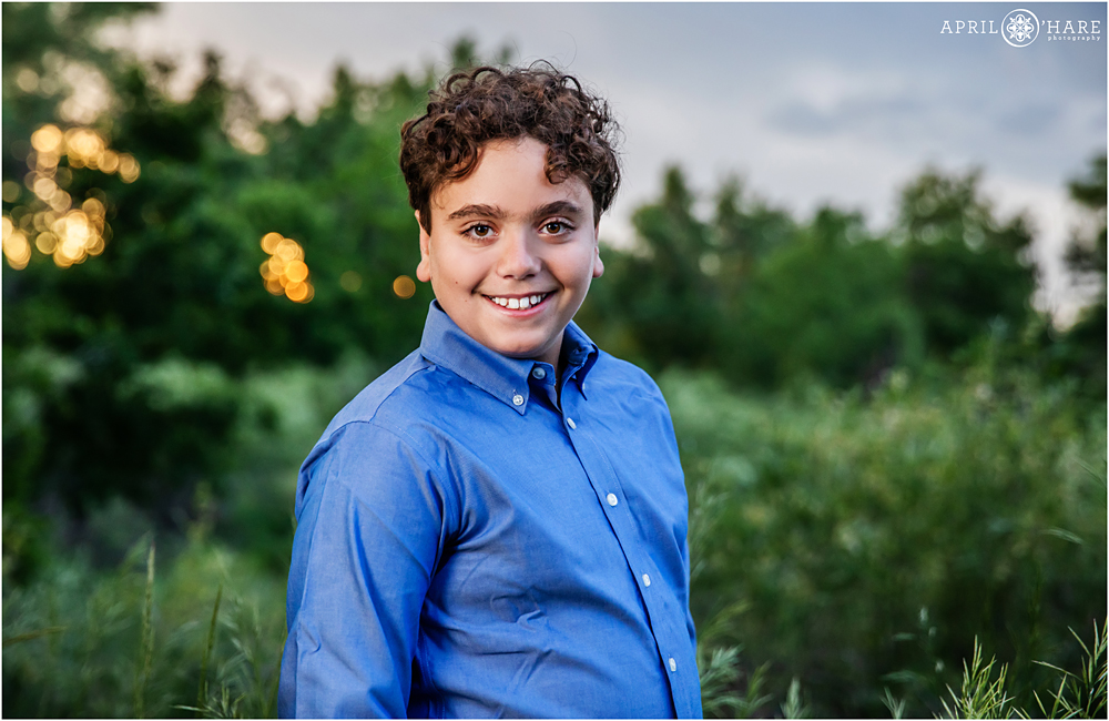 Sunset portrait of a Bar Mitzvah boy at Willow Creek Park in South Denver