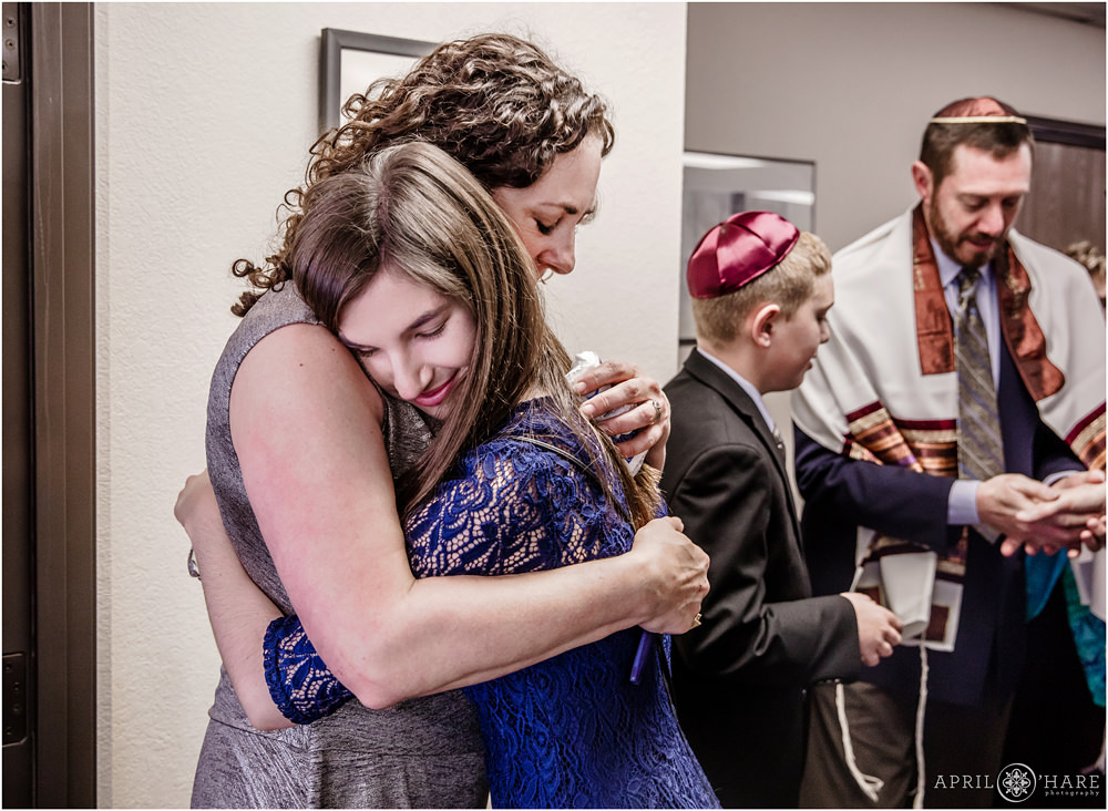 Huggings guests after a bat mitzvah at Congregation B'Nai Chaim