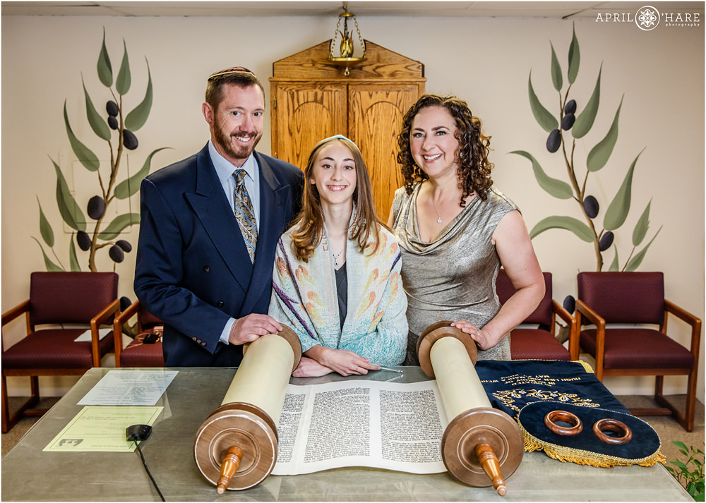 Jewish Bat Mitzvah Celebration Professional Family Photo with the Torah at B'Nai Chaim