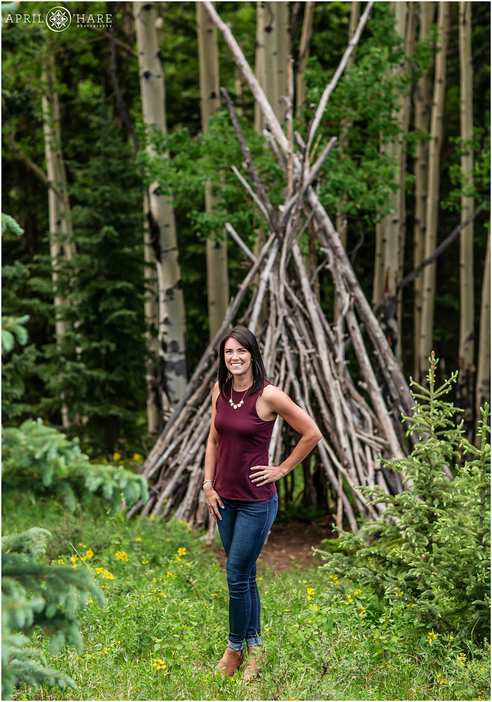 Beautiful bohemian Colorado personal branding photography with wood tipi in Evergreen