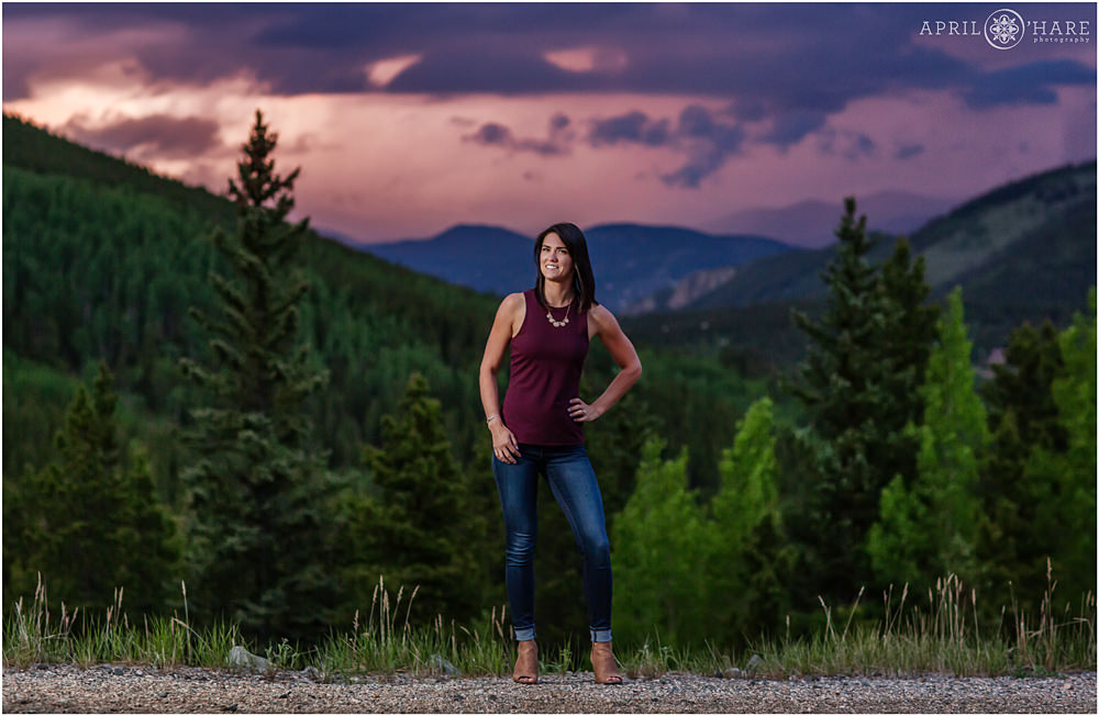 Colorado personal branding photography with a gorgeous stormy purple sunset sky in Evergreen