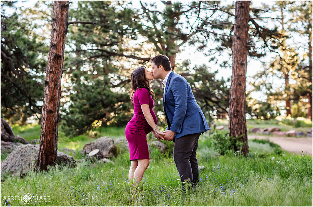 Romantic Maternity Photography at Sunset at Mount Falcon Trailhead in Evergreen Colorado