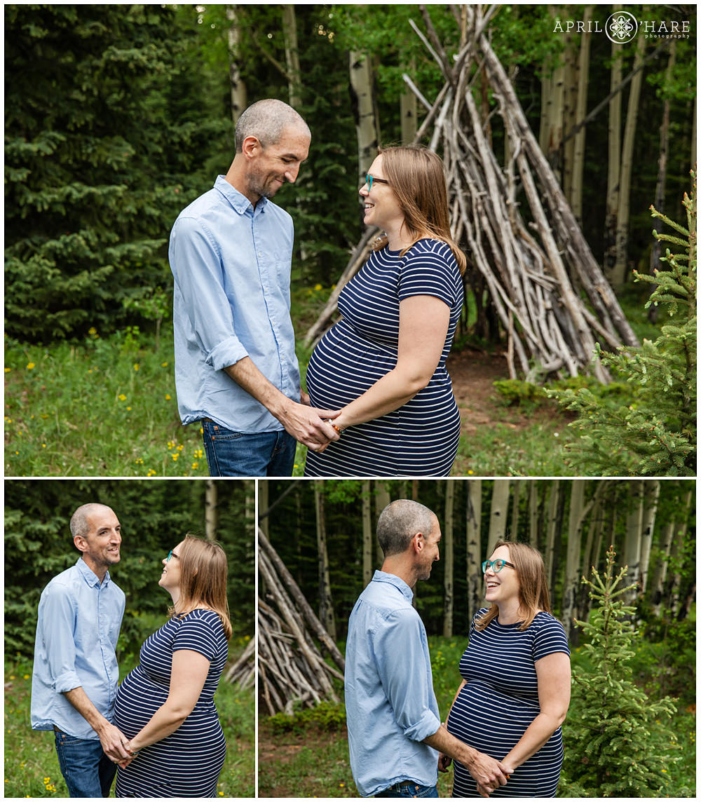 Happy couple at their unique maternity photos session in Evergreen CO