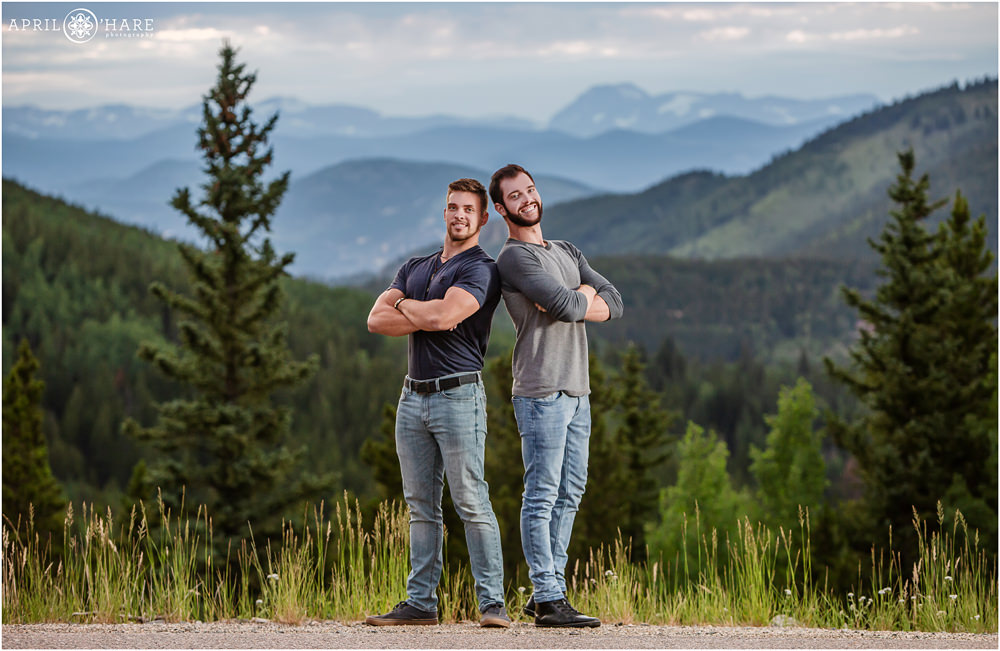 Denver Extended Family Photographer Sibling Brothers with Mountain Backdrop