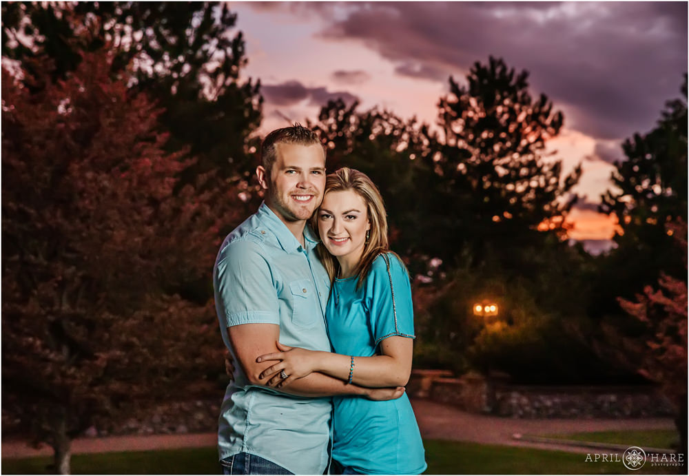 Couple portrait at Sunset with Purple Sky at an extended family photo session in Littleton