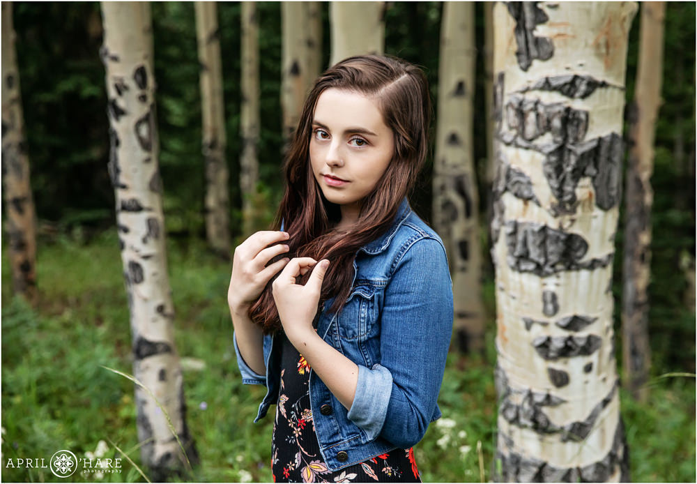 Pretty senior photography with aspen tree grove in Evergreen Colorado