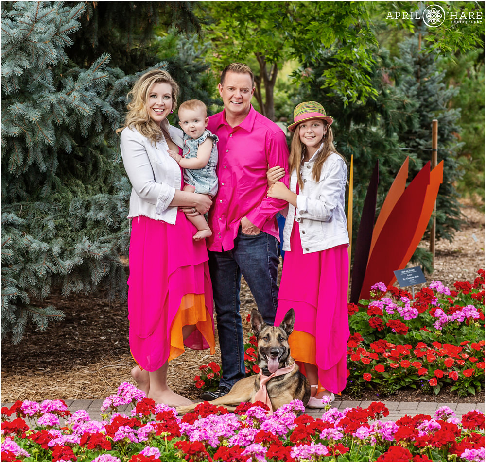 A cute family wearing pink pose for a portrait with their German Shepherd dog at Hudson Gardens in Littleton Colorado