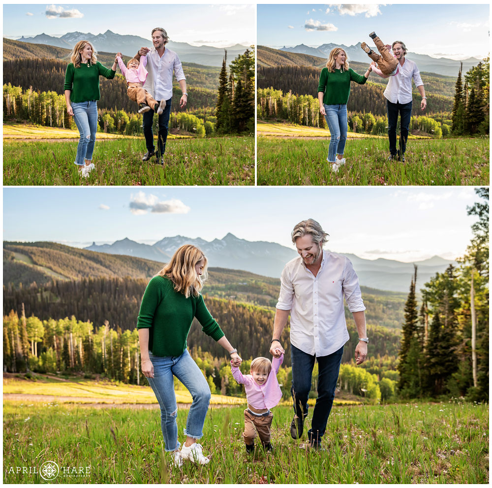 A young family on vacation in Telluride get professional photos of them playing together in the mountains