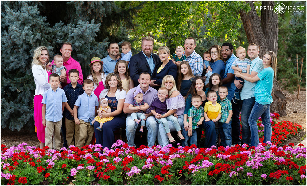 A huge Littleton extended family photo created at Hudson Gardens in Colorado