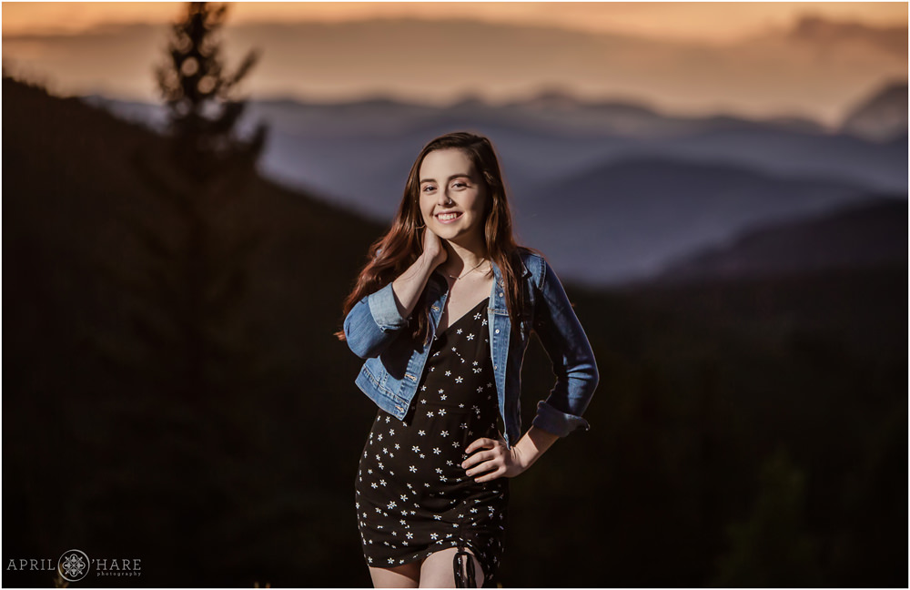 Evergreen Senior Photography with Sunset Mountain Backdrop in Colorado