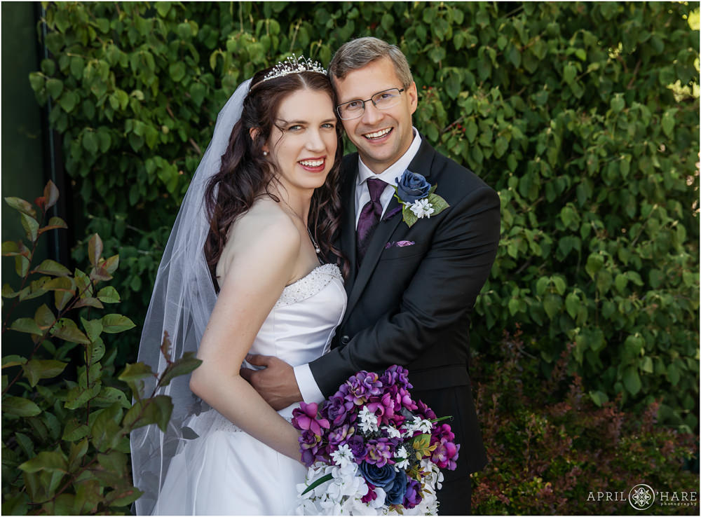 Classic wedding portrait of Bride and Groom on their wedding day at Our Father Lutheran Church in Centennial Colorado