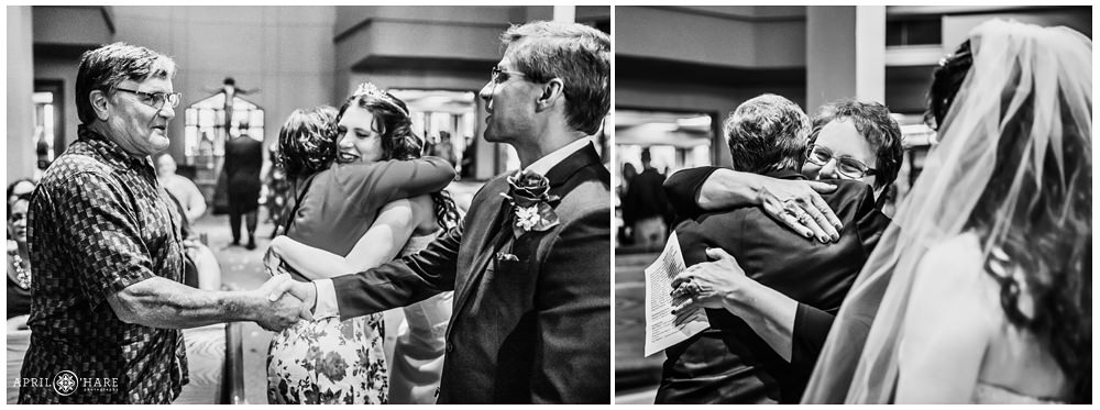 B&W Photo Collage of Bride and Groom Greeting their guests after wedding ceremony in Colorado