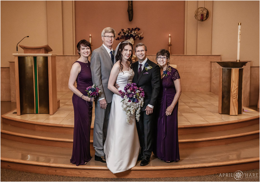 Bride's Family Portrait with her new husband at Our Father Lutheran Church in Colorado