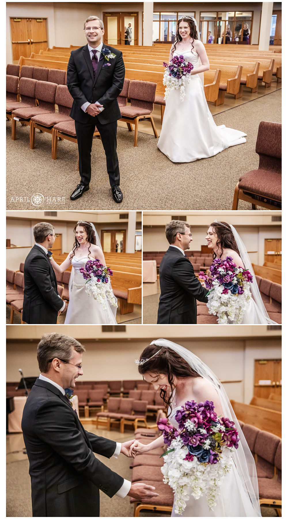 First Look between groom and his bride prior to their wedding ceremony at Our Father Lutheran Church in Centennial Colorado