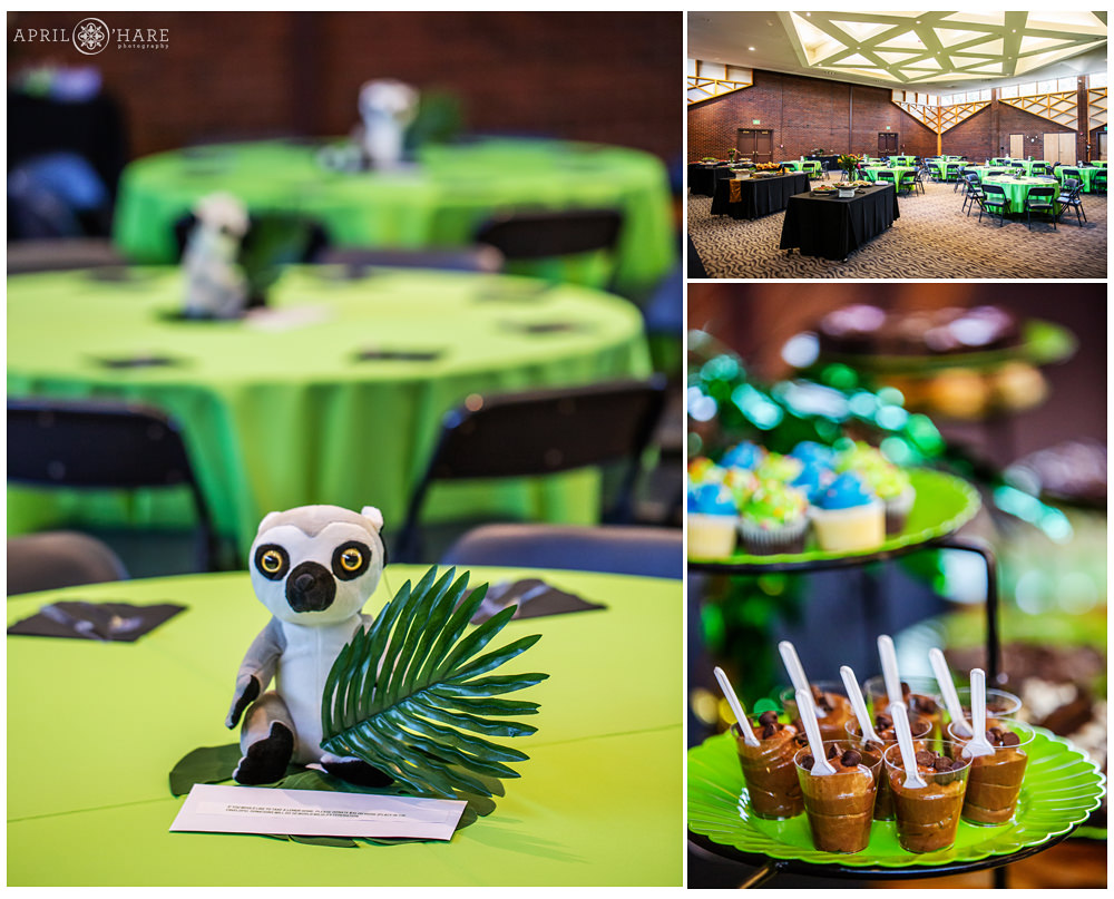 Photo collage of a jungle island themed bar mitzvah luncheon kiddush at Temple Emanuel in Denver CO