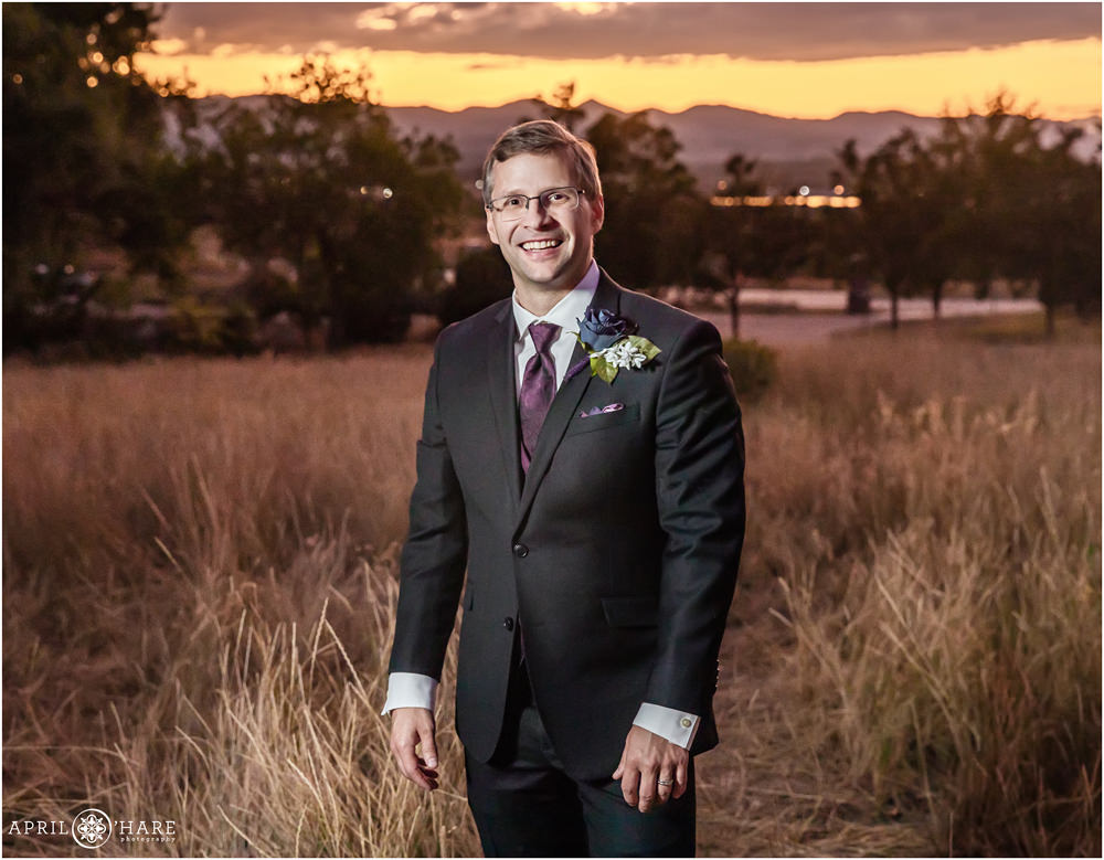 Groom Portrait with pretty sunset mountain backdrop at Flyin' B Park in Colorado