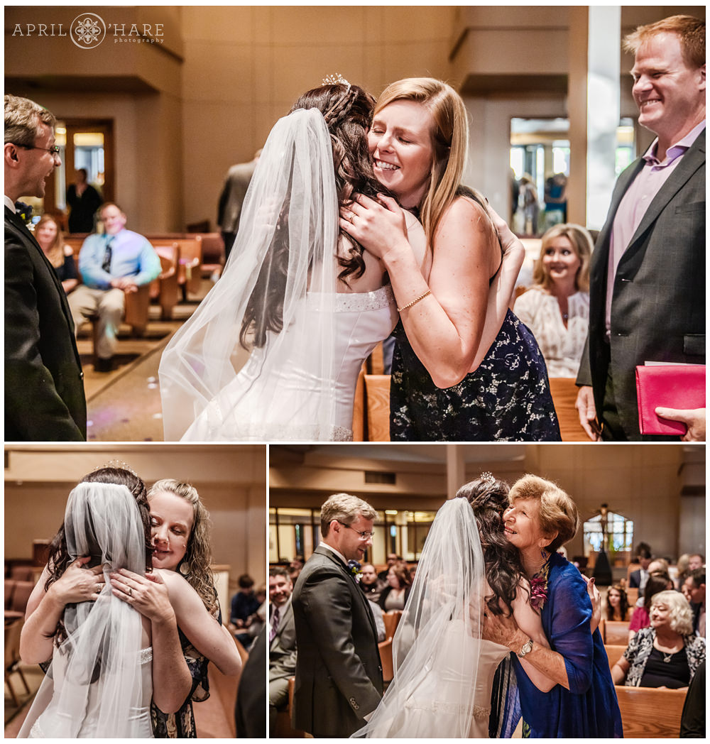 Photo collage of bride and groom greeting their guests after wedding ceremony at Our Father Lutheran Church