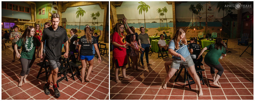 Musical chairs game at a beach themed bar mitzvah party at The Island in Aurora CO